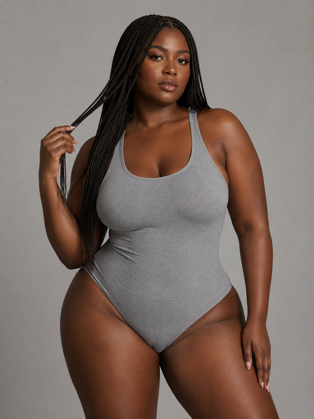 hourglass plus-size model direction with dark skin-tone option