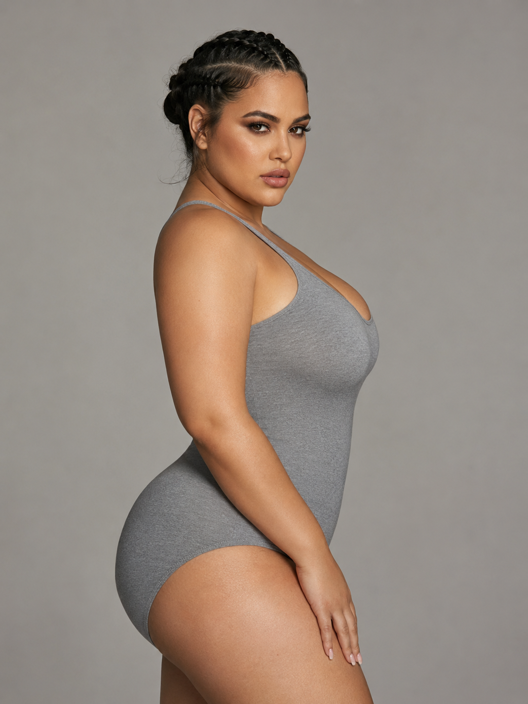 hourglass plus-size model direction with olive skin-tone option