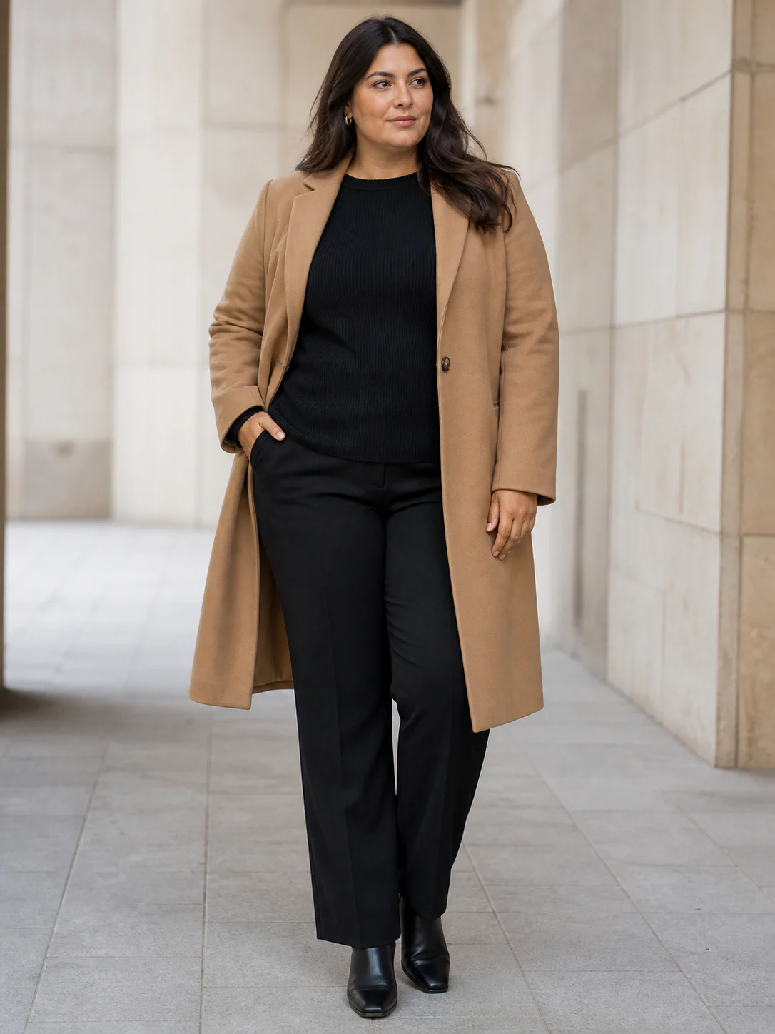 Plus-size model wearing a camel coat and black separates in a modern city arcade