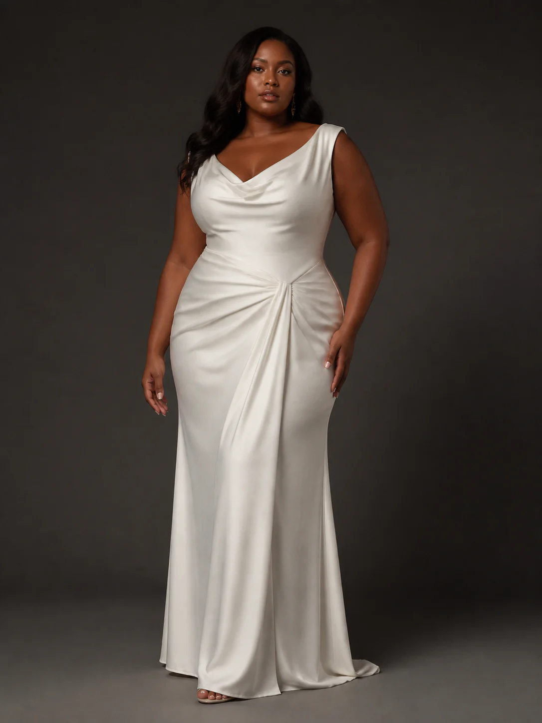 Plus-size Black model wearing an ivory floor-length evening dress in a charcoal studio